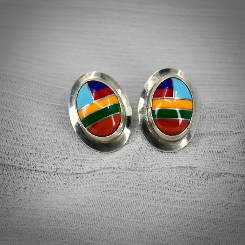 Vintage Southwestern Sterling Silver Multi Stone Channel Inlay Stud Earrings